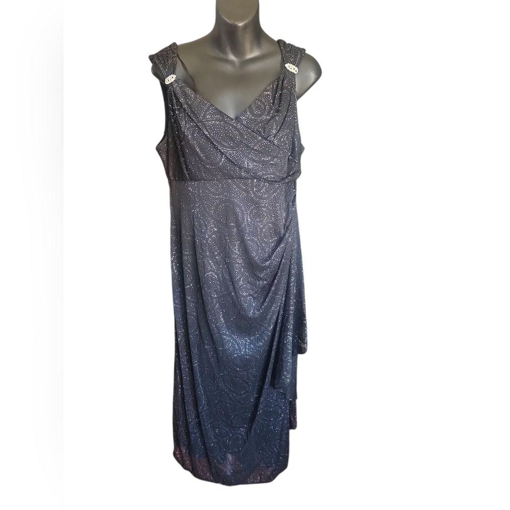 R&M Richards Silver Asymmetrical Ruched Gown